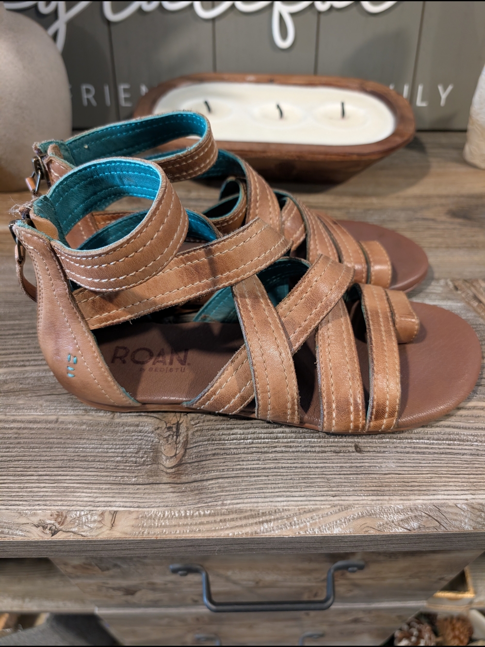 Tian Brown  Leather Strappy Sandals with Teal Lining